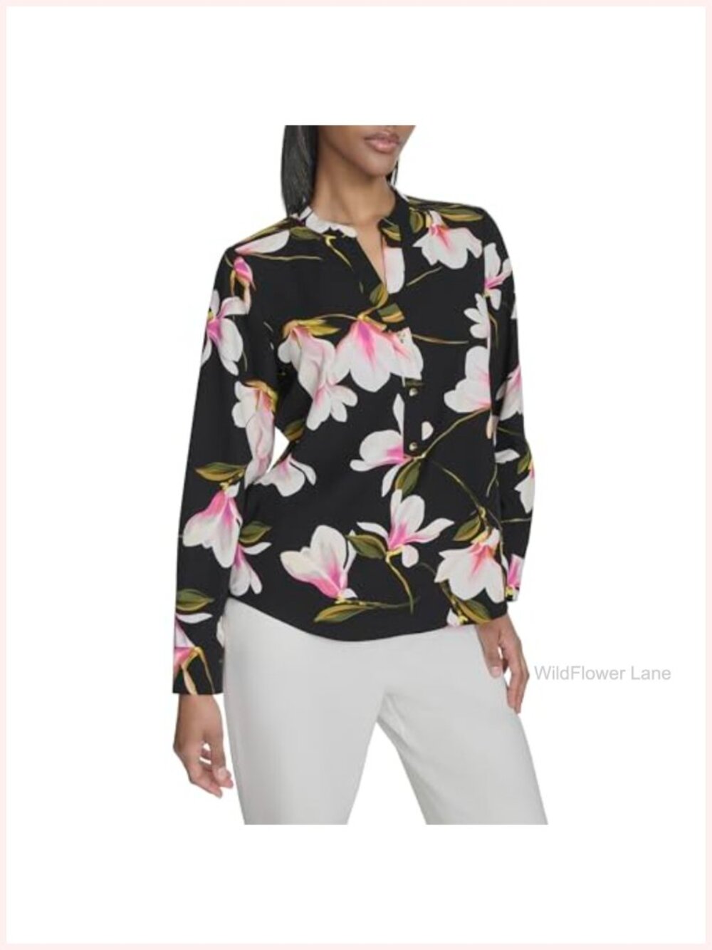 Long Sleeve Floral Mandarin Collar Button Up Top